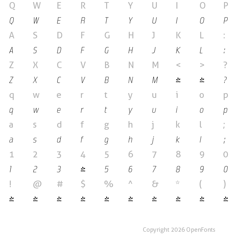 Character Map of FONTSPRING DEMO - Great Escape Narrow El Italic