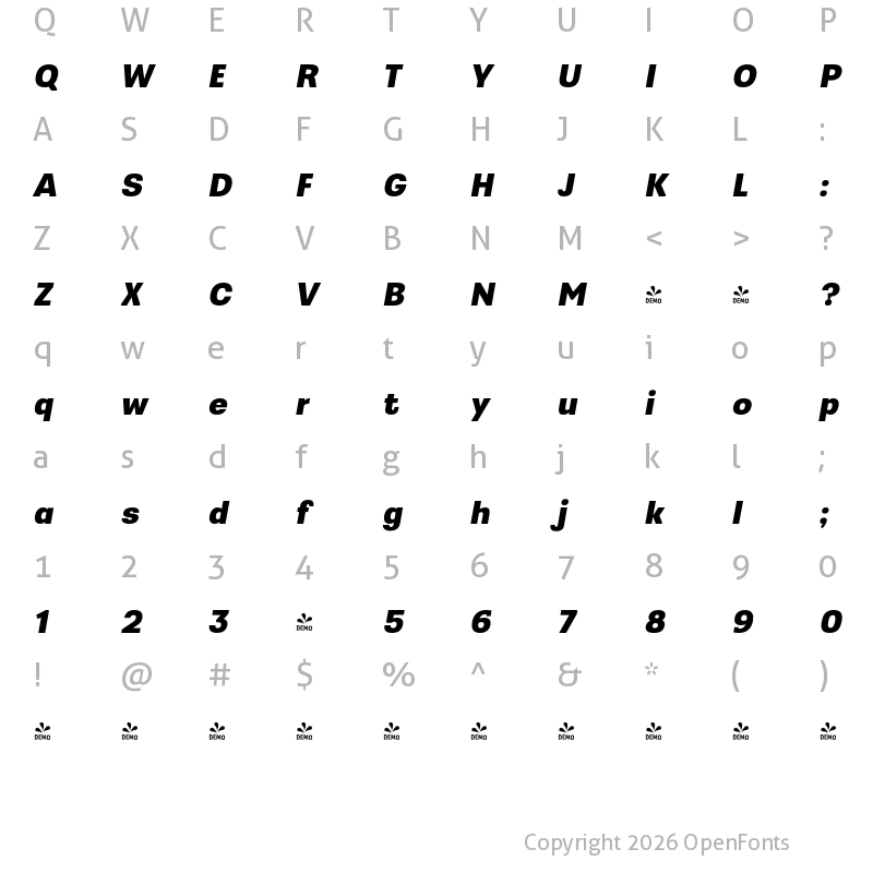Character Map of FONTSPRING DEMO - Greater Neue Bold Italic