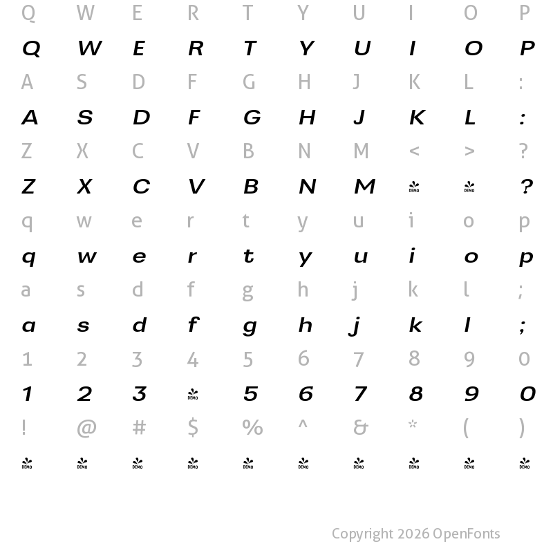 Character Map of FONTSPRING DEMO - Greater Neue Exp Med Italic