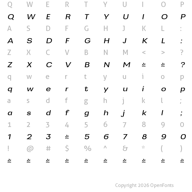 Character Map of FONTSPRING DEMO - Greater Neue Exp News Italic