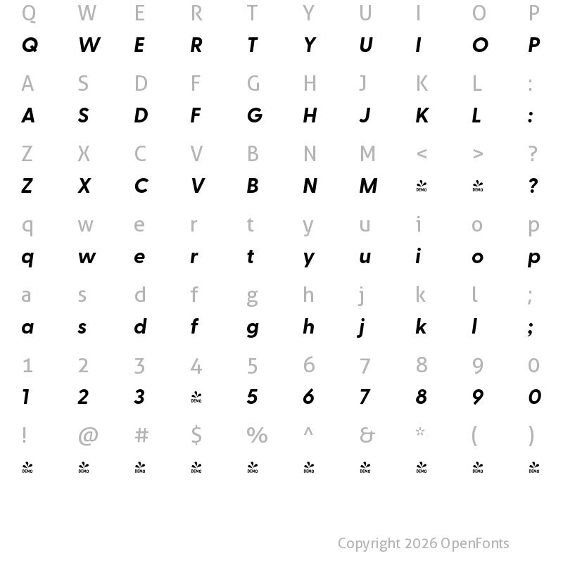 Character Map of FONTSPRING DEMO - Greycliff CF Bold Italic