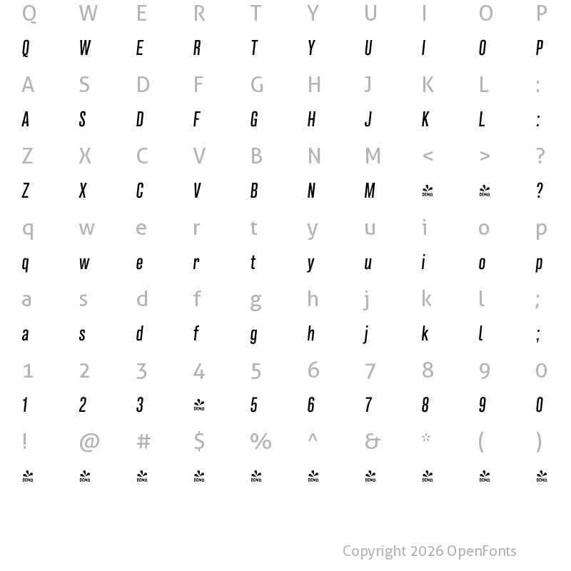 Character Map of FONTSPRING DEMO - Grillmaster Cond Italic