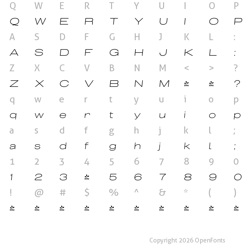 Character Map of FONTSPRING DEMO - Grillmaster Expanded ExtLt Italic