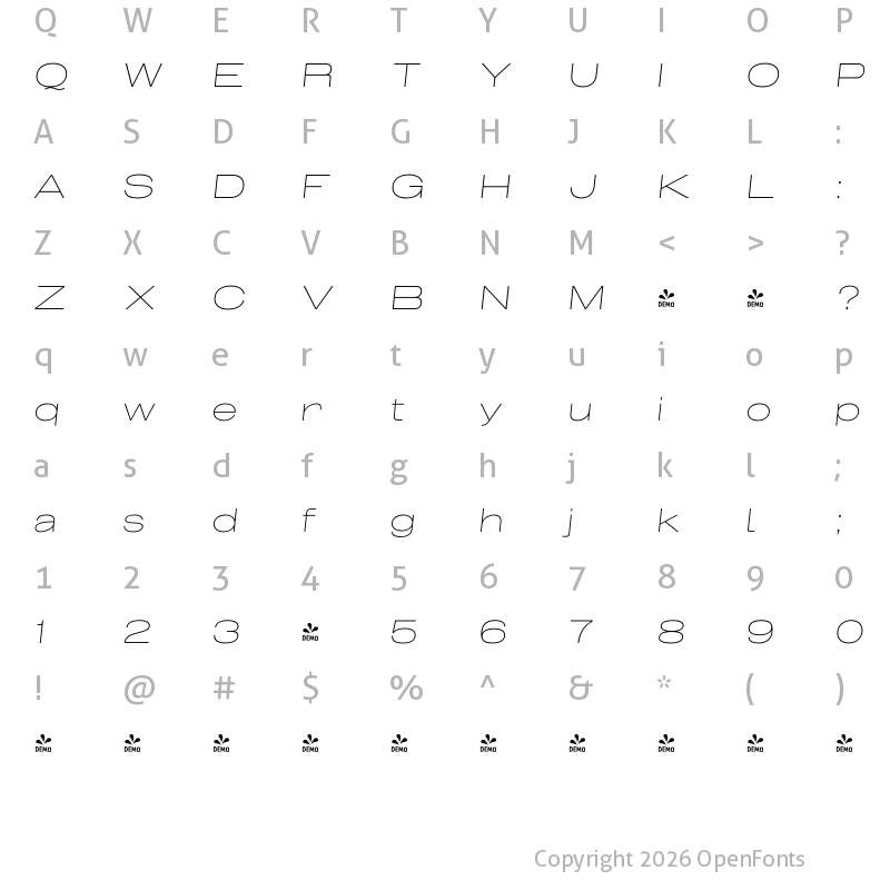 Character Map of FONTSPRING DEMO - Grillmaster Expanded Thin Italic