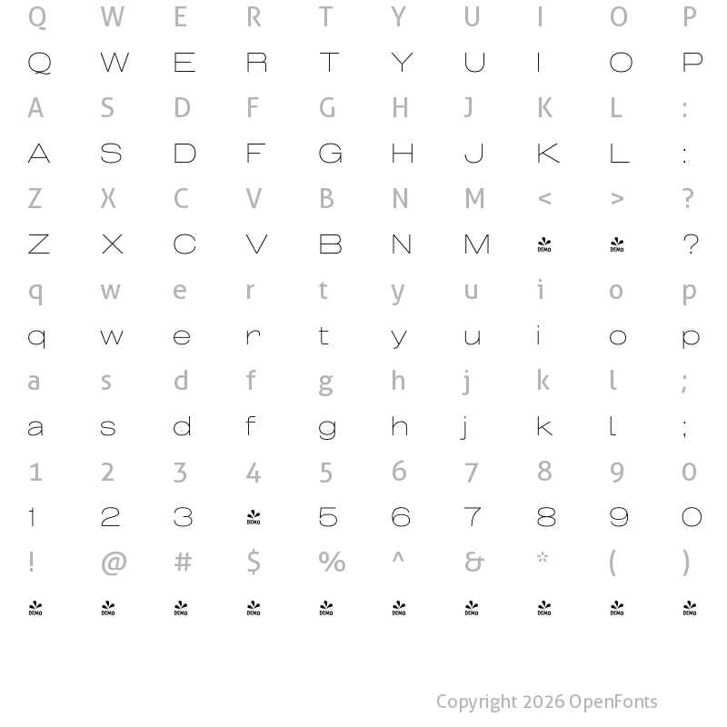 Character Map of FONTSPRING DEMO - Grillmaster Extended Thin Regular
