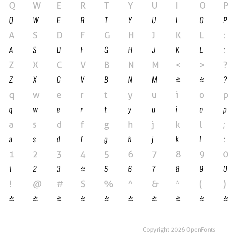 Character Map of FONTSPRING DEMO - Grillmaster Narrow Light Italic