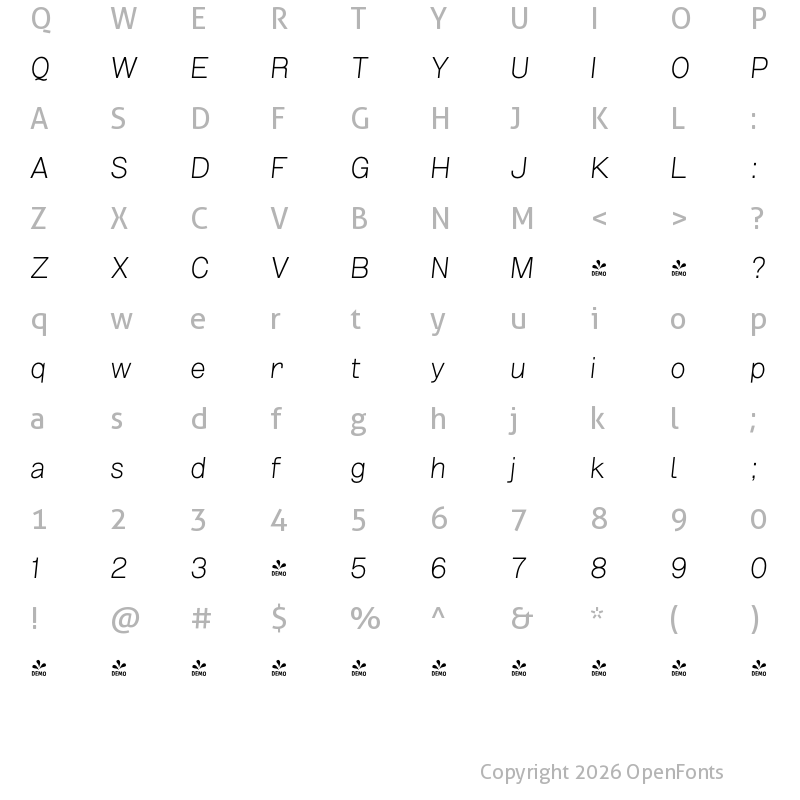 Character Map of FONTSPRING DEMO - Grillmaster SemiWide ExtLt Italic