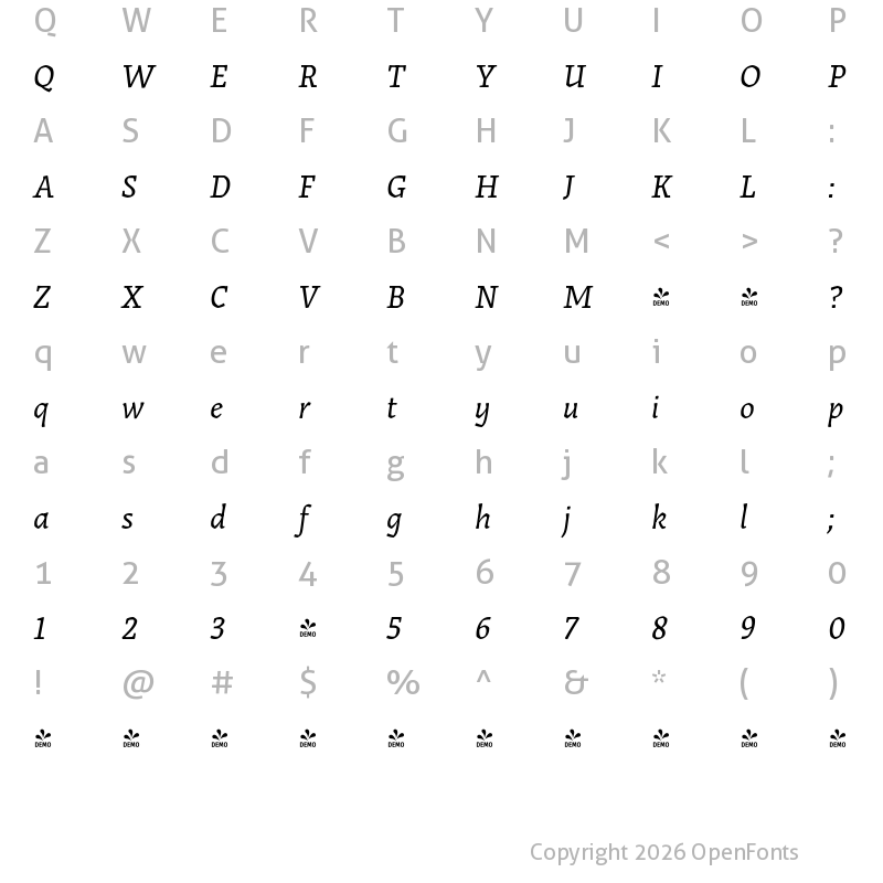 Character Map of FONTSPRING DEMO - Grimmig Variable Italic