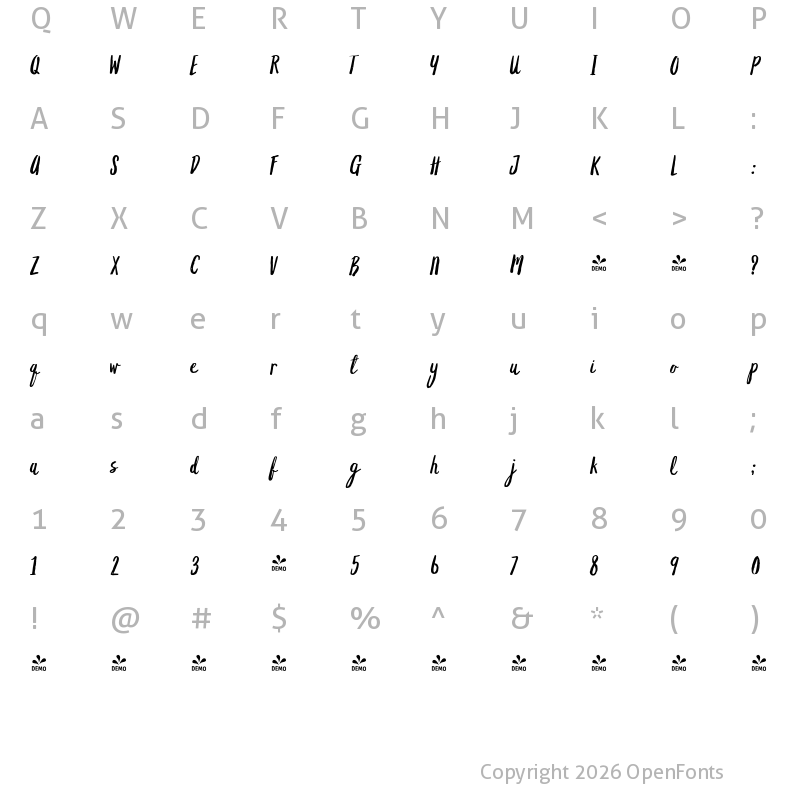 Character Map of FONTSPRING DEMO - Grimpt Brush Alt Regular