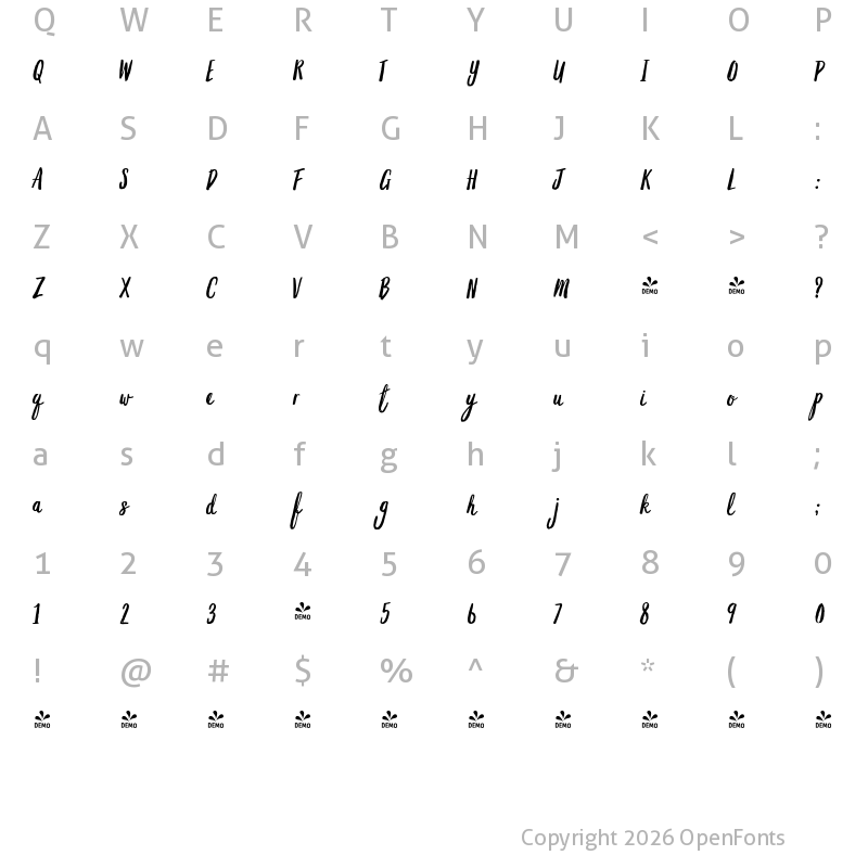 Character Map of FONTSPRING DEMO - Grimpt Brush Regular