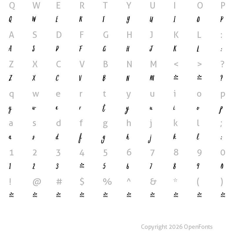 Character Map of FONTSPRING DEMO - Grimpt Brush Rust Regular