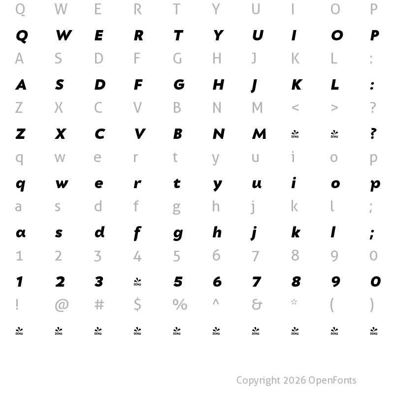 Character Map of FONTSPRING DEMO - Grosen Heavy Italic