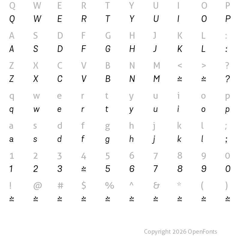 Character Map of FONTSPRING DEMO - Grota Sans Alt Italic