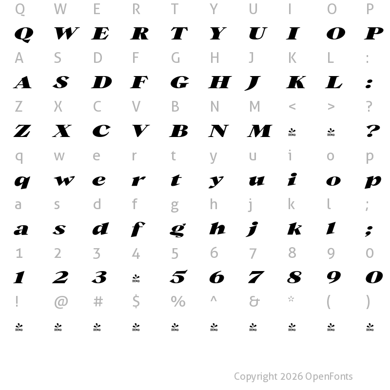 Character Map of FONTSPRING DEMO - Guau Bold Expanded Italic Regular