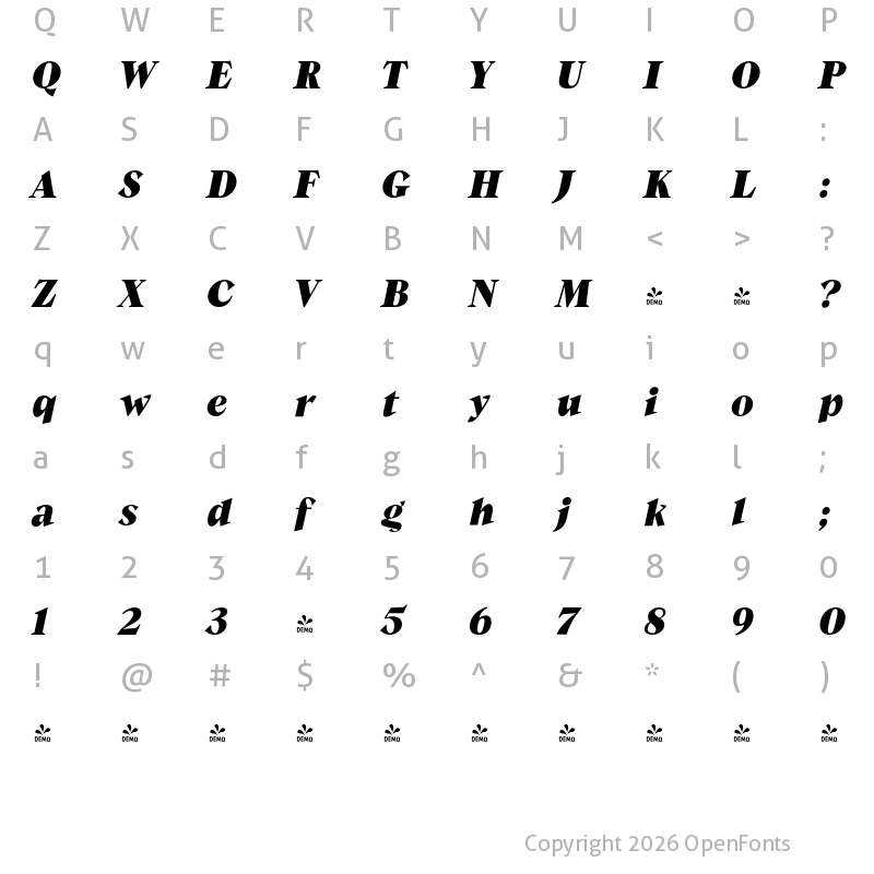 Character Map of FONTSPRING DEMO - Guau Bold Italic Regular