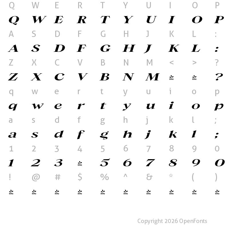 Character Map of FONTSPRING DEMO - Guau Expanded Italic Regular