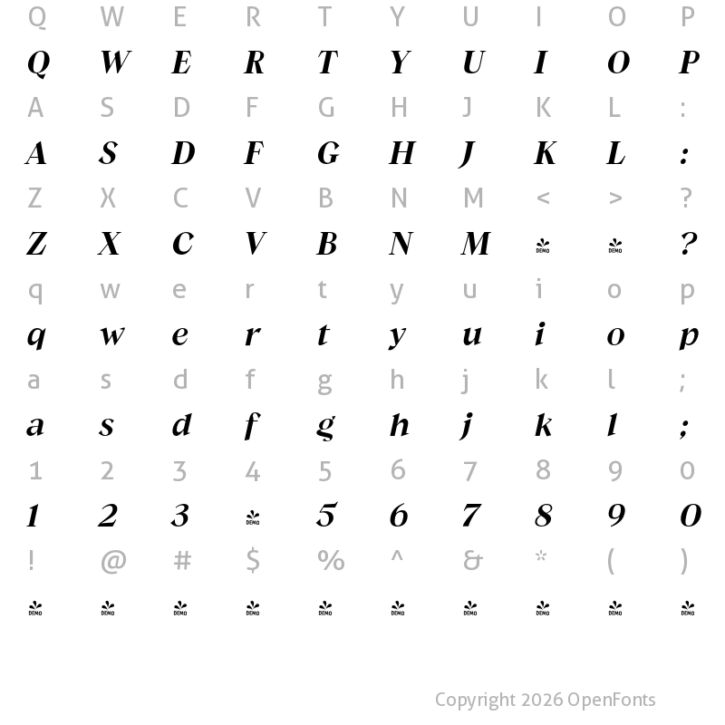 Character Map of FONTSPRING DEMO - Guau Italic Regular