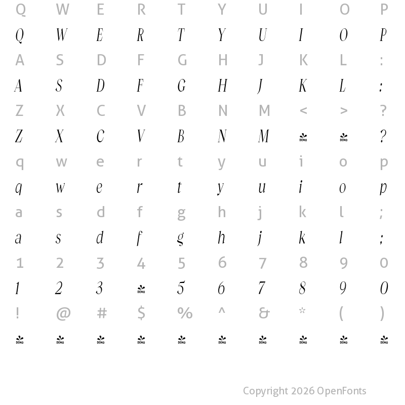Character Map of FONTSPRING DEMO - Guau Light Condensed Italic Regular