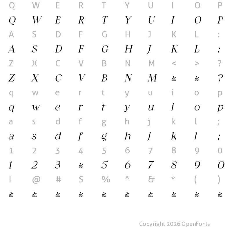 Character Map of FONTSPRING DEMO - Guau Light Italic Regular