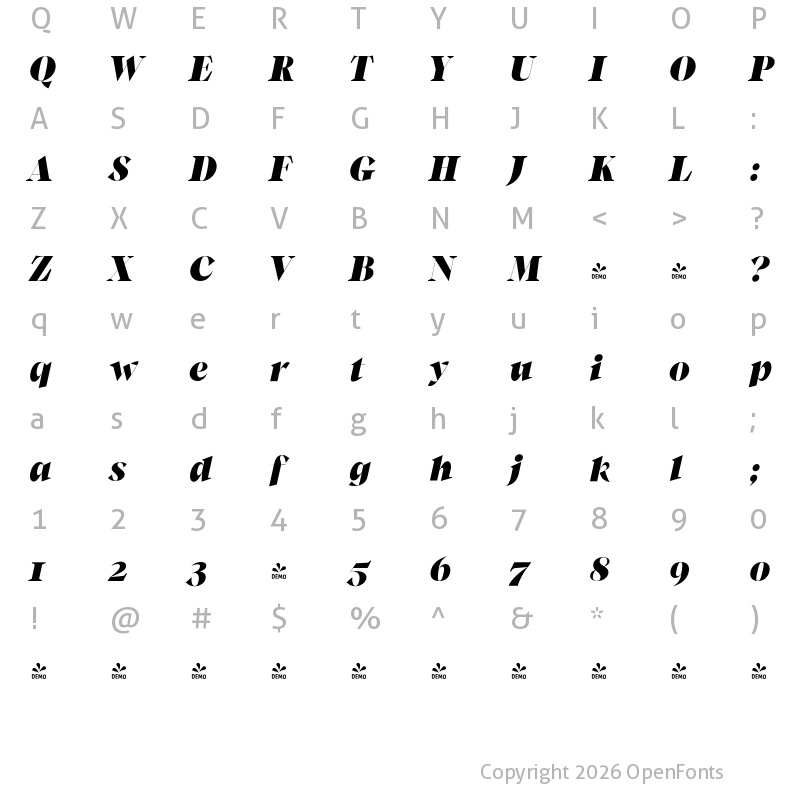 Character Map of FONTSPRING DEMO - Guau_ Unchained Bold Italic Regular