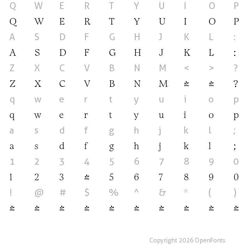 Character Map of FONTSPRING DEMO - Gwen Text Light Regular