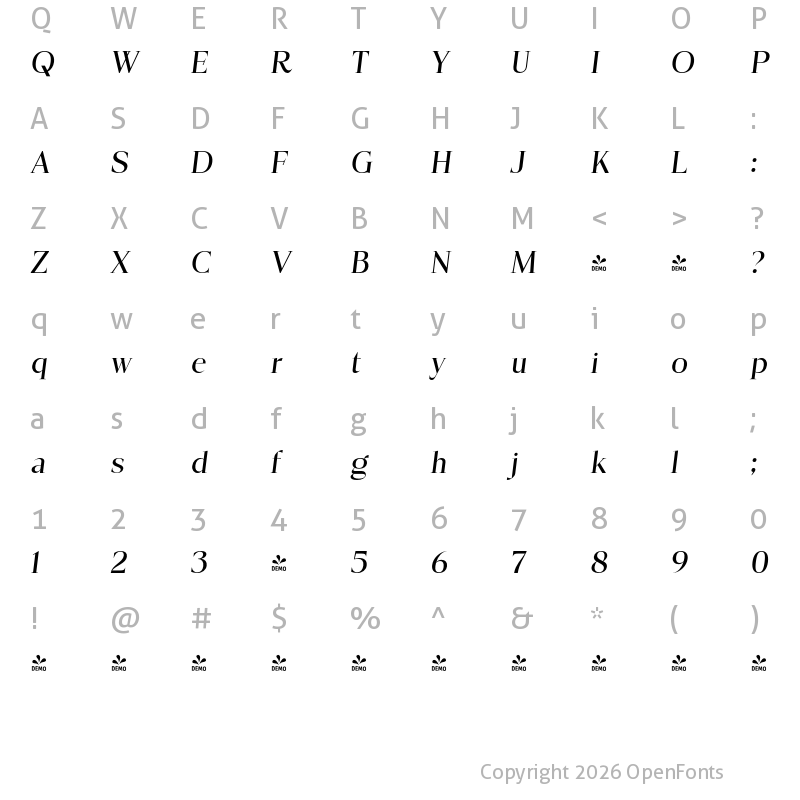 Character Map of FONTSPRING DEMO - Hailora Italic