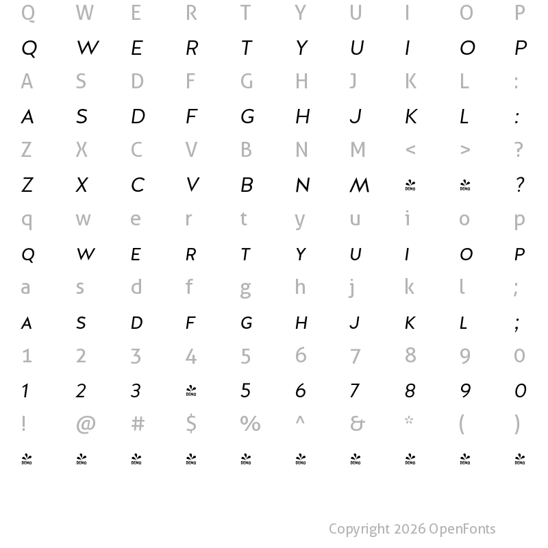 Character Map of FONTSPRING DEMO - Halis GR S Book Italic