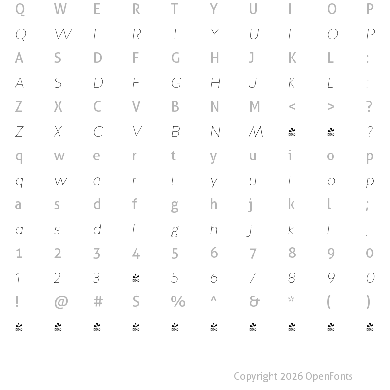 Character Map of FONTSPRING DEMO - Halis GR Thin Italic