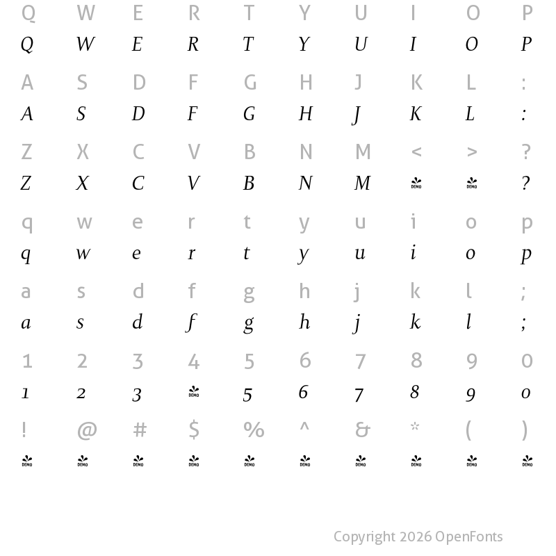 Character Map of FONTSPRING DEMO - Halvan Italic