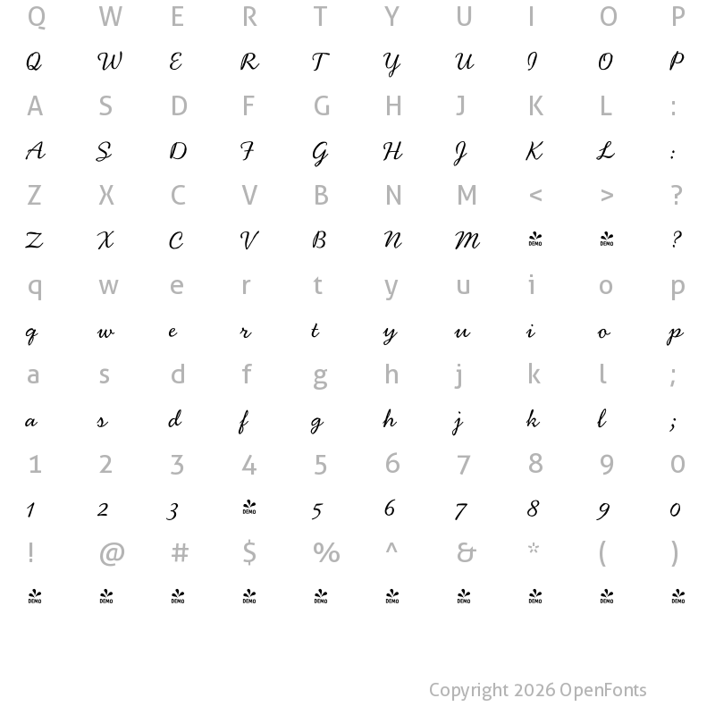 Character Map of FONTSPRING DEMO - Handsome Pro Nib Regular