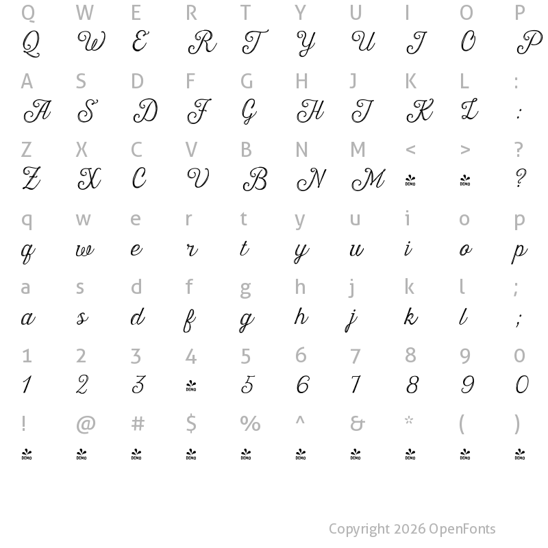 Character Map of FONTSPRING DEMO - Harman Script Inline Regular
