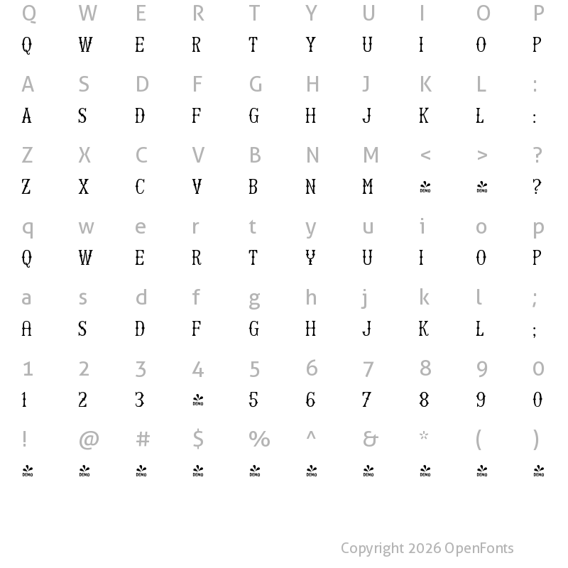 Character Map of FONTSPRING DEMO - Harman Western Regular