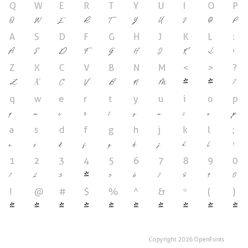 Character Map of FONTSPRING DEMO - Harmony Embrace Script Regular
