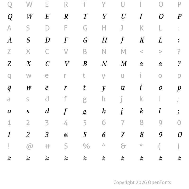 Character Map of FONTSPRING DEMO - Hartia Semi Bold Italic Italic