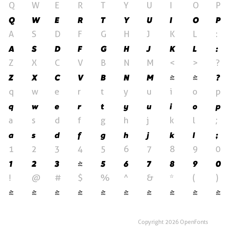 Character Map of FONTSPRING DEMO - Hartwell heavy italic Regular