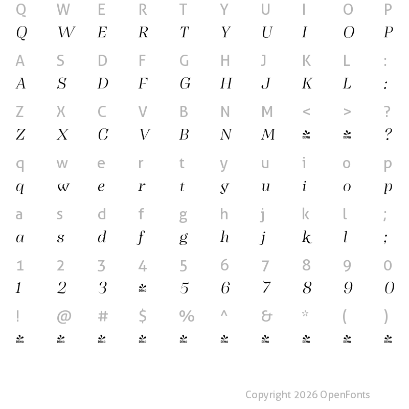 Character Map of FONTSPRING DEMO - Head Light It Italic