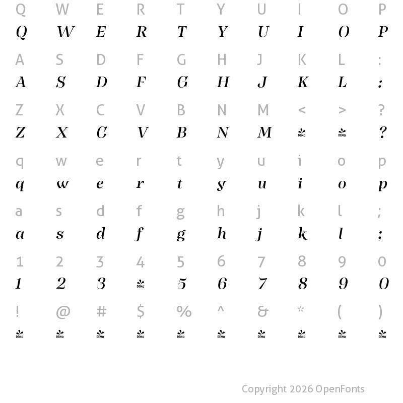 Character Map of FONTSPRING DEMO - Head Medium It Italic