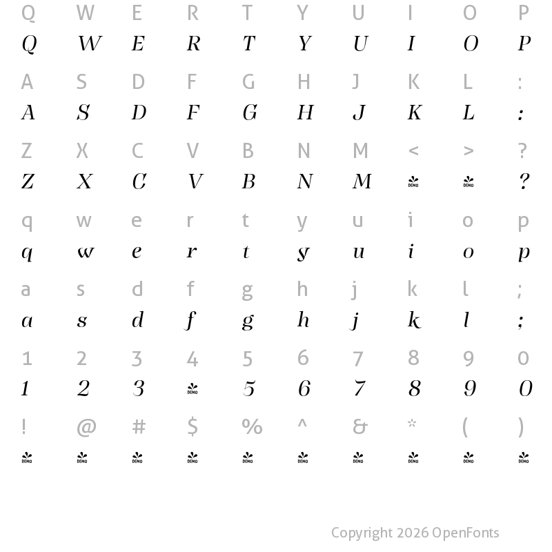 Character Map of FONTSPRING DEMO - Head Regular It Italic