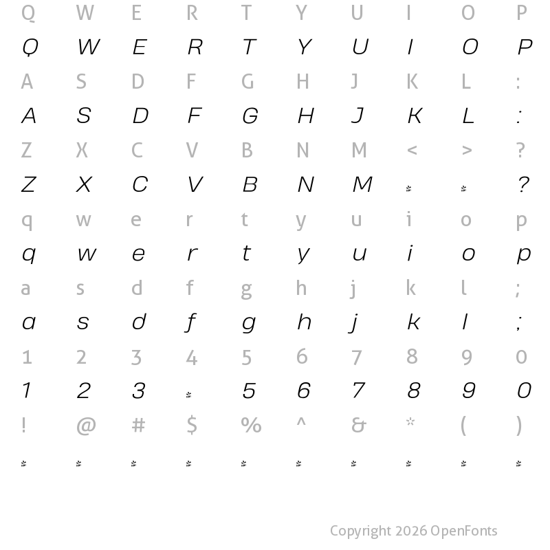 Character Map of FONTSPRING DEMO - Heading Pro Treble Light Italic