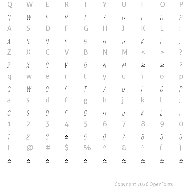 Character Map of FONTSPRING DEMO - Headlines Uni A Light Italic Regular