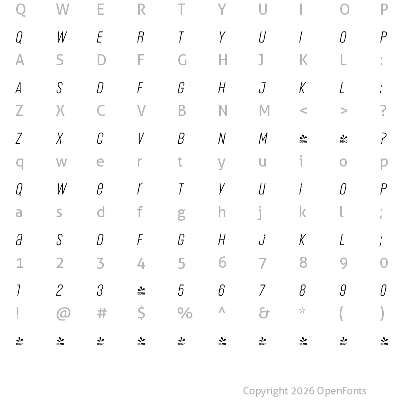 Character Map of FONTSPRING DEMO - Headlines Uni A Sm Light Italic Regular