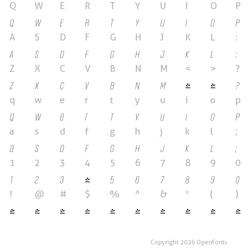 Character Map of FONTSPRING DEMO - Headlines Uni B Light Italic Regular