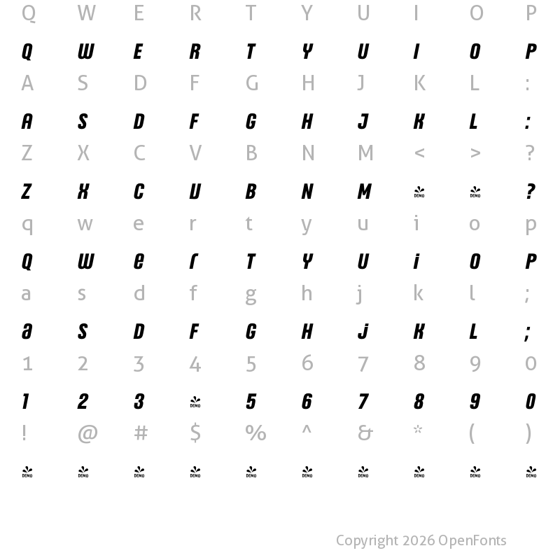 Character Map of FONTSPRING DEMO - Headlines Uni C Bold Italic