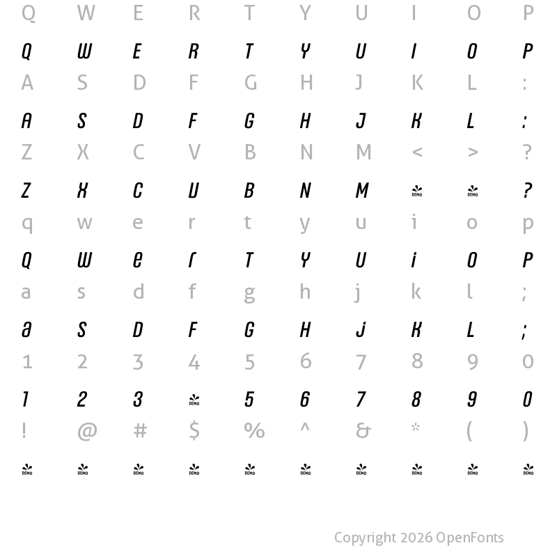 Character Map of FONTSPRING DEMO - Headlines Uni C Medium Italic Regular