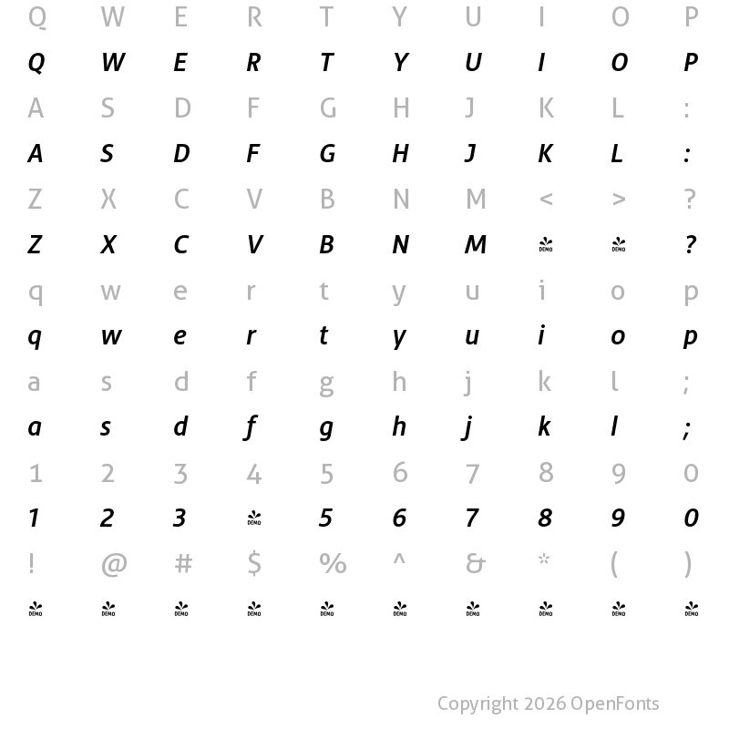 Character Map of FONTSPRING DEMO - Hedley New Lt Bold Italic
