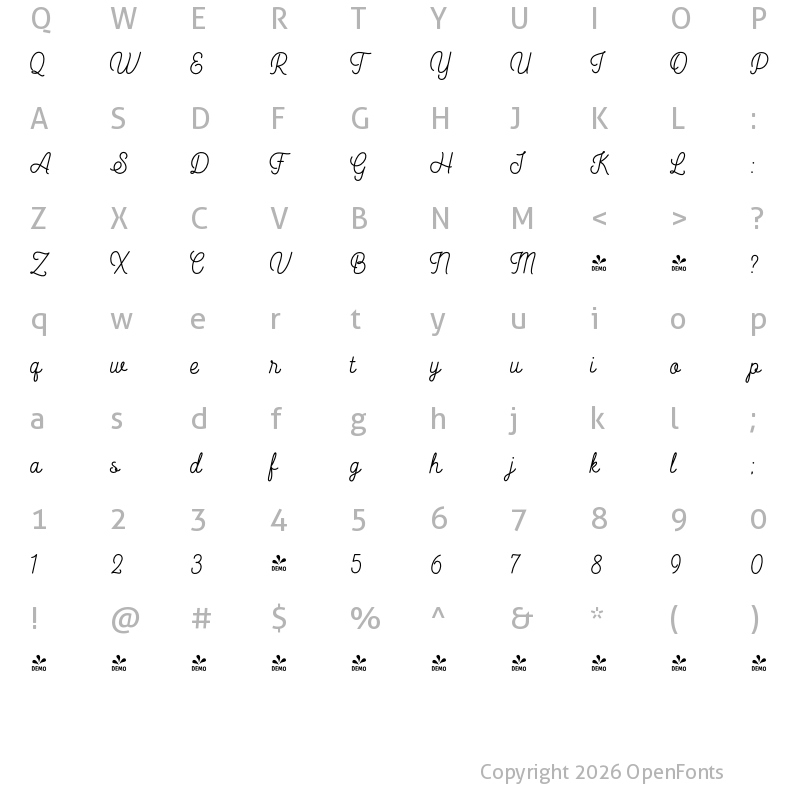 Character Map of FONTSPRING DEMO - Heiders Handmade Script Handmade Script