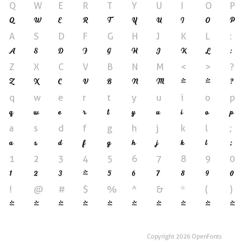 Character Map of FONTSPRING DEMO - Heiders Script C Sh Bold C Sh Bold