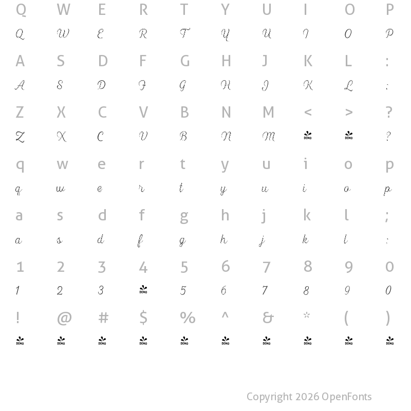 Character Map of FONTSPRING DEMO - Heiders Script C Sh Ext Light C Sh Ext Light