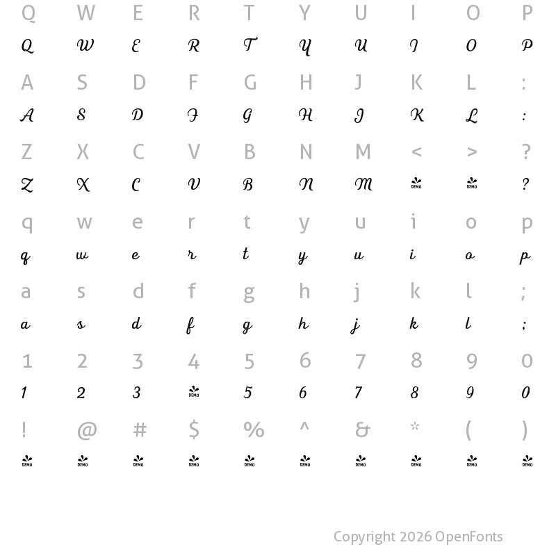 Character Map of FONTSPRING DEMO - Heiders Script R 1 Regular R 1 Regular
