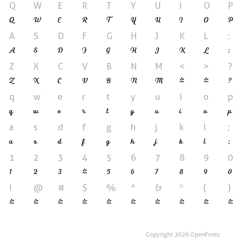 Character Map of FONTSPRING DEMO - Heiders Script R 4 Bold Bold R 4